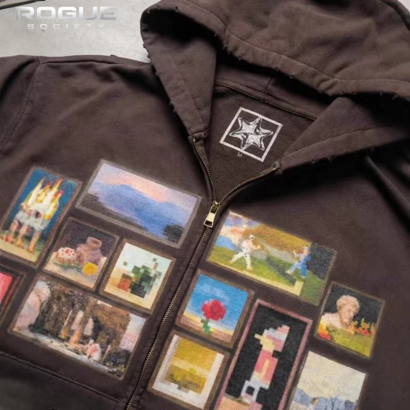 Graphic Hoodie Streetwear - Kore Vintage Sanat Baskı Erkekler Kırpılmış
