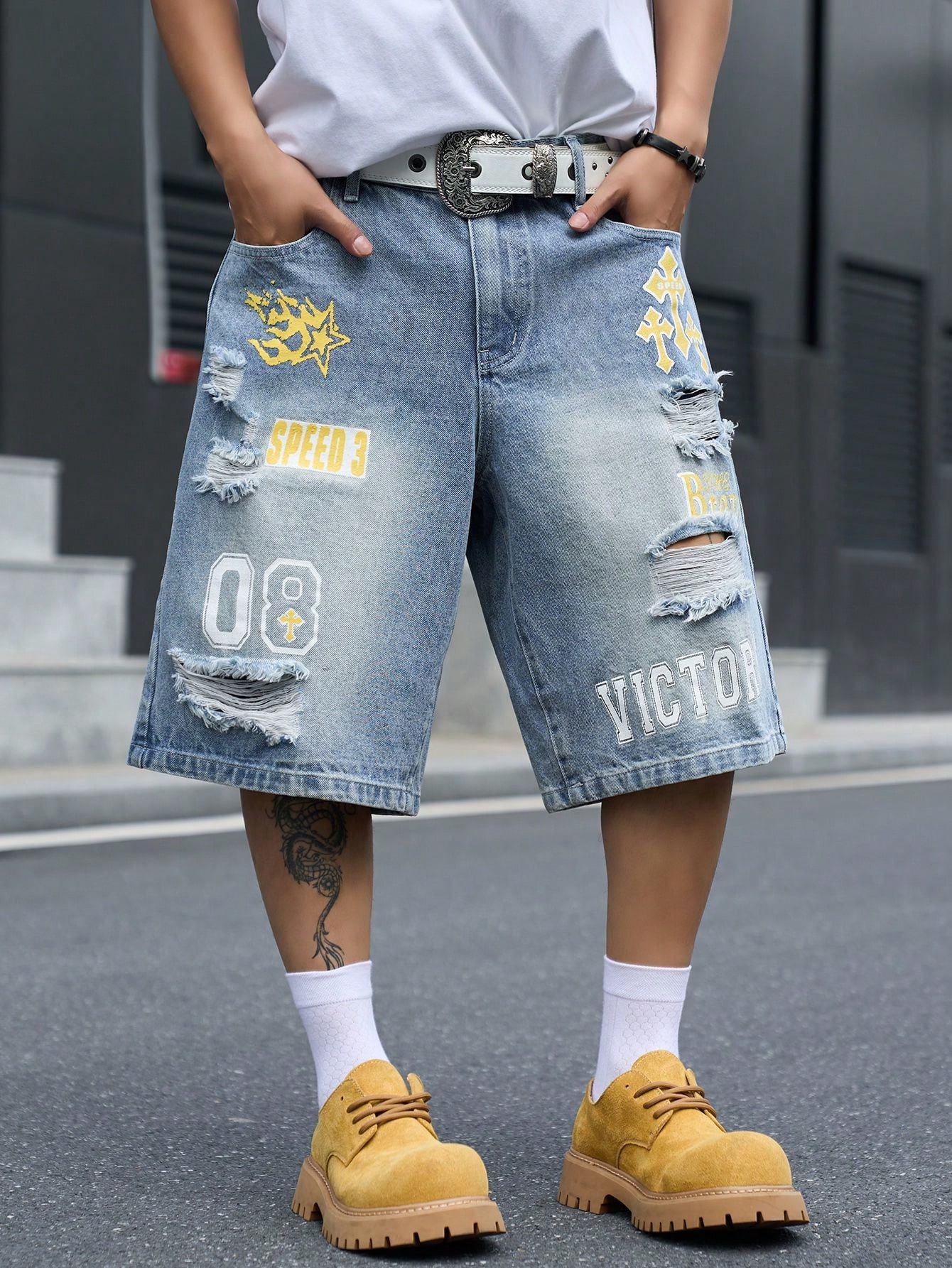 Street Fashion Dance - Erkek Bol Kesim Denim Bermuda Şort,