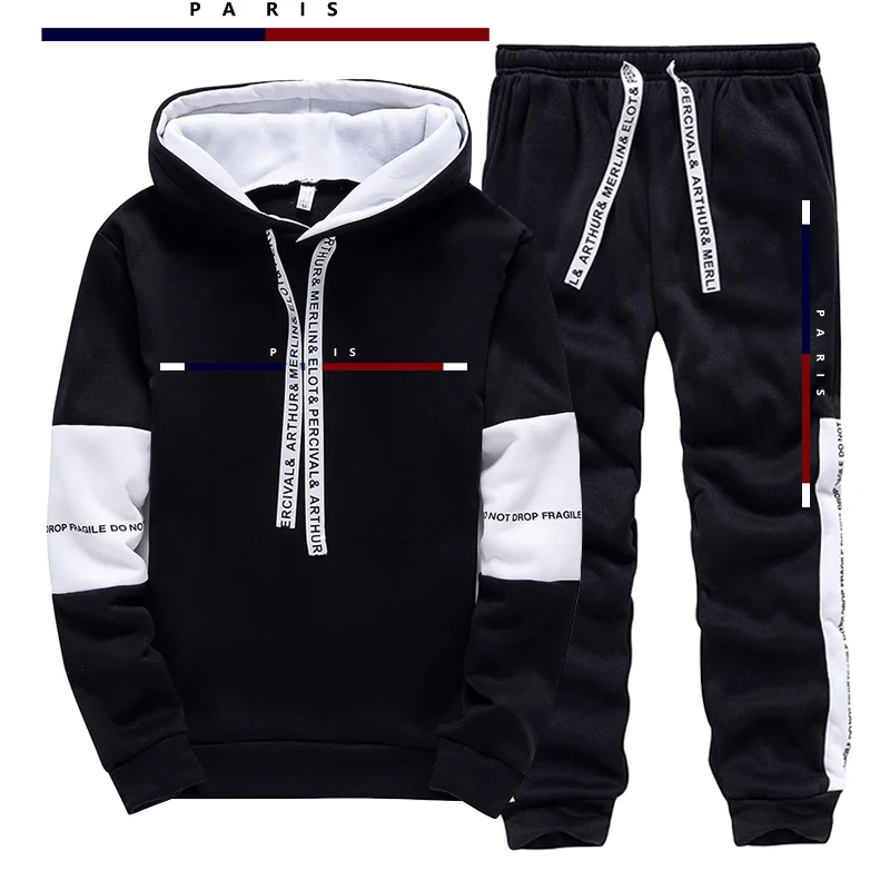Street Fashion Outfit For Men - Paris Modası Baskılı Erkek Takımı/Hoodie/Pantolon Sonbahar